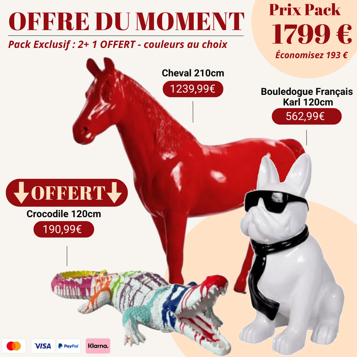 Pack Statue Animaux Design – Cheval, Bouledogue Français & Crocodile OFFERT + Livraison Gratuite