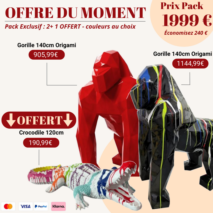 Pack Statue Animaux Design – 2 Gorilles + Crocodile OFFERT + Livraison Gratuite