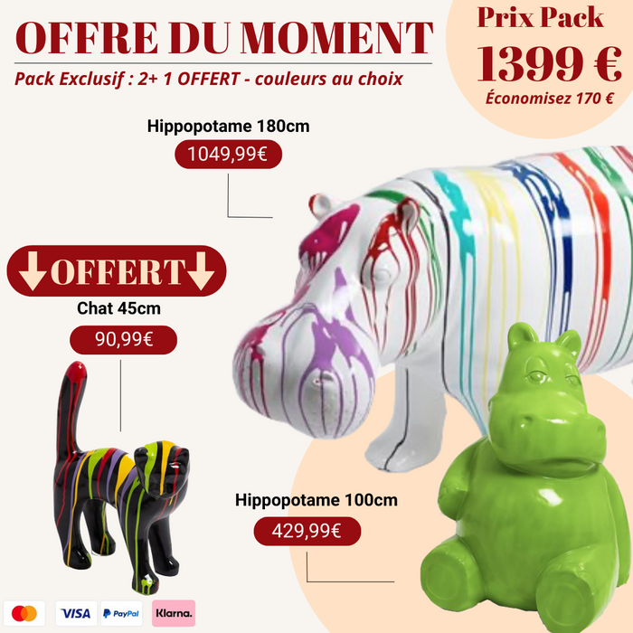 Pack Statue Animaux – 2 Hippopotames + Chat OFFERT + Livraison Gratuite