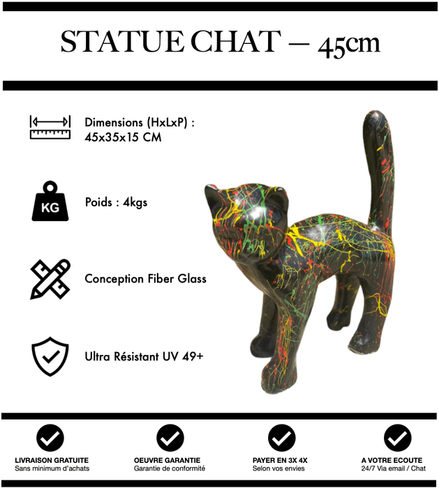 Sculpture Chat Resine 45cm Statue - Graffiti Noir - MUZZANO