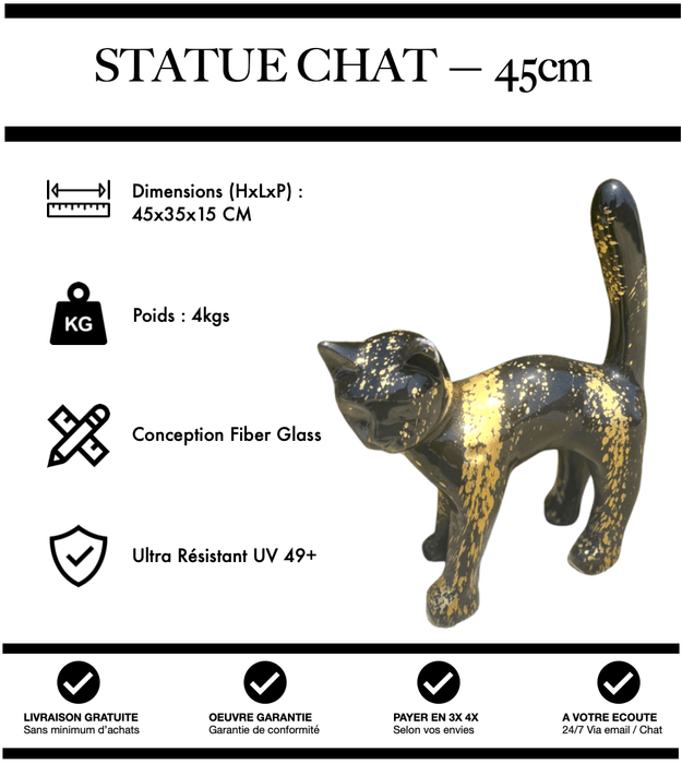 Sculpture Chat Resine 45cm Statue - Paillette Or - MUZZANO