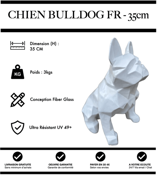 Sculpture Chien Bulldog FR Resine 35cm Origami Statue - Blanc - MUZZANO