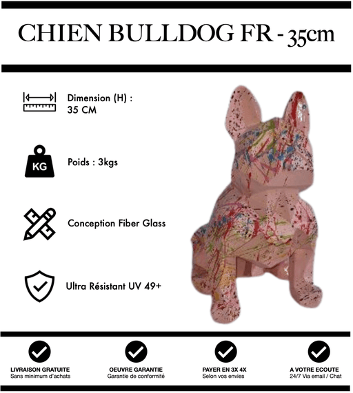 Sculpture Chien Bulldog FR Resine 35cm Origami Statue - Graffiti Rose - MUZZANO