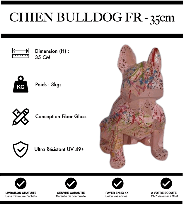 Sculpture Chien Bulldog FR Resine 35cm Origami Statue - Graffiti Rose - MUZZANO
