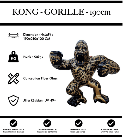 Sculpture Gorille Resine 190cm debout Statue - Fleur Or - MUZZANO