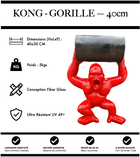 Sculpture Gorille Resine 40cm Debout avec Tonneau Statue - Rouge et Noir - MUZZANO