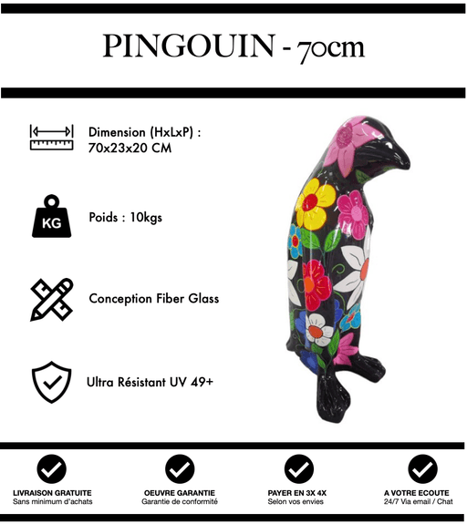 Sculpture Pingouin Resine 70cm Statue - Fleurs - MUZZANO