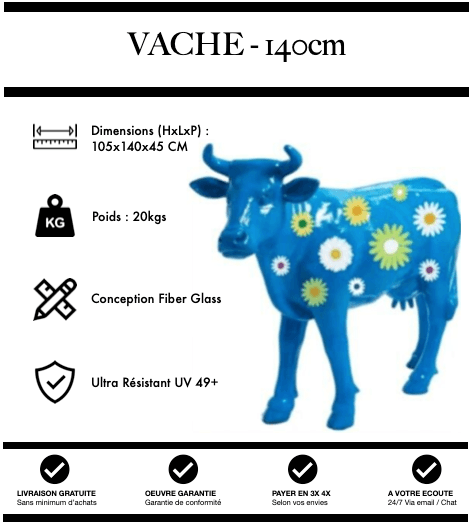 Sculpture Vache Resine XL 140cm Statue - Bleu Fleurs - MUZZANO