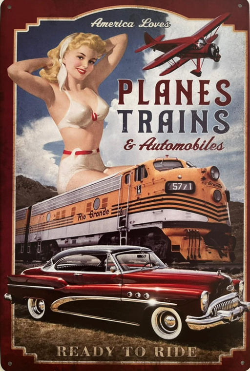 PLAQUE MÉTAL FEMME PLANES TRAINS 30X20 CM - PLAQUE DECORATIVE - MUZZANO