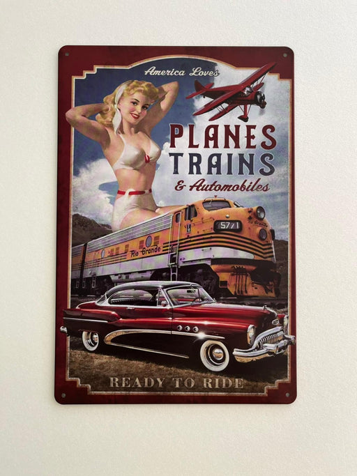 PLAQUE MÉTAL FEMME PLANES TRAINS 30X20 CM - PLAQUE DECORATIVE - MUZZANO