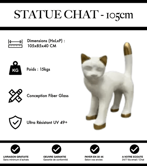 Sculpture Chat Resine 105cm Statue - Blanc et Or - MUZZANO