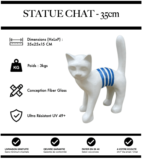 Sculpture Chat Resine 35cm Statue - Marinière Bleu - MUZZANO