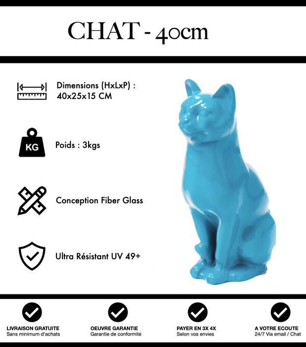 Sculpture Chat Resine 40cm Statue - Bleu Clair - MUZZANO