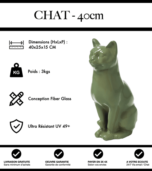 Sculpture Chat Resine 40cm Statue - Vert Kaki - MUZZANO