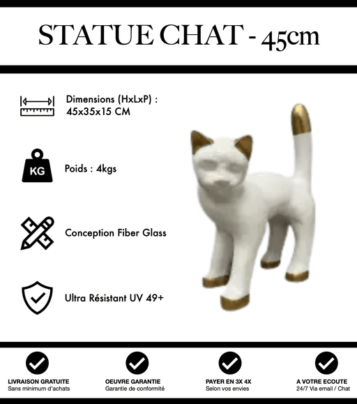 Sculpture Chat Resine 45cm Statue - Blanc et Or - MUZZANO