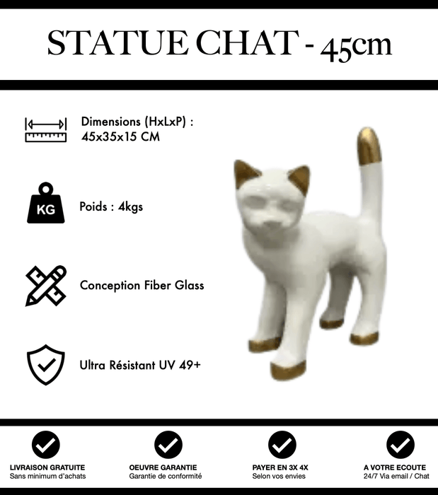 Sculpture Chat Resine 45cm Statue - Blanc et Or - MUZZANO