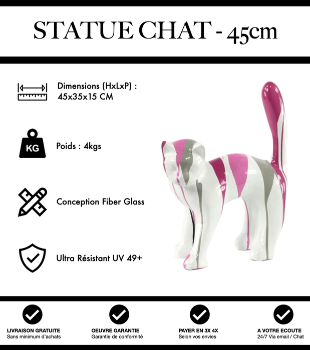 Sculpture Chat Resine 45cm Statue - Blanc et Rose - MUZZANO