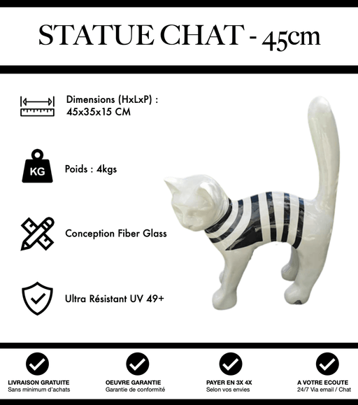 Sculpture Chat Resine 45cm Statue - Marinière Noir - MUZZANO