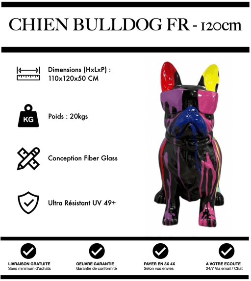 Sculpture Chien Bulldog FR Resine 120cm Statue - Black Trash - MUZZANO