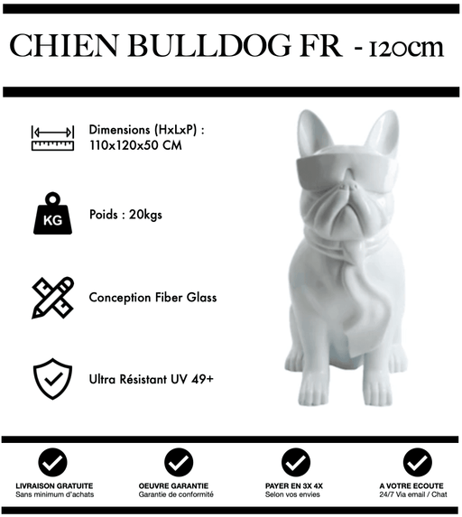 Sculpture Chien Bulldog FR Resine 120cm Statue - BLANC - MUZZANO