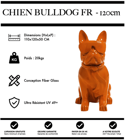 Sculpture Chien Bulldog FR Resine 120cm Statue - ORANGE - MUZZANO