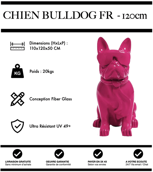 Sculpture Chien Bulldog FR Resine 120cm Statue - ROSE - MUZZANO
