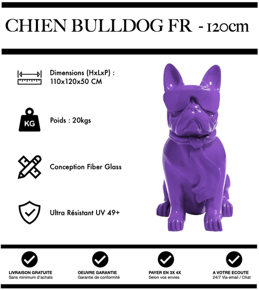 Sculpture Chien Bulldog FR Resine 120cm Statue - VIOLET - MUZZANO