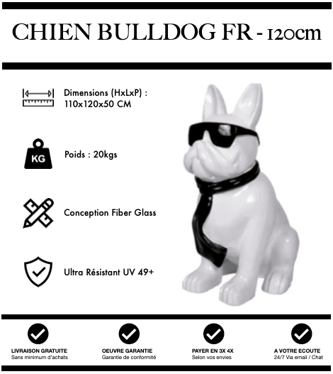 Sculpture Chien Bulldog FR Resine 120cm Statue - White & Black - MUZZANO