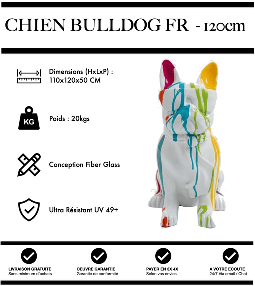 Sculpture Chien Bulldog FR Resine 120cm Statue - White Trash - MUZZANO