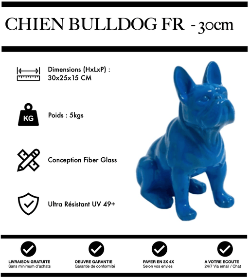 Sculpture Chien Bulldog FR Resine 30cm Statue - BLEU - MUZZANO