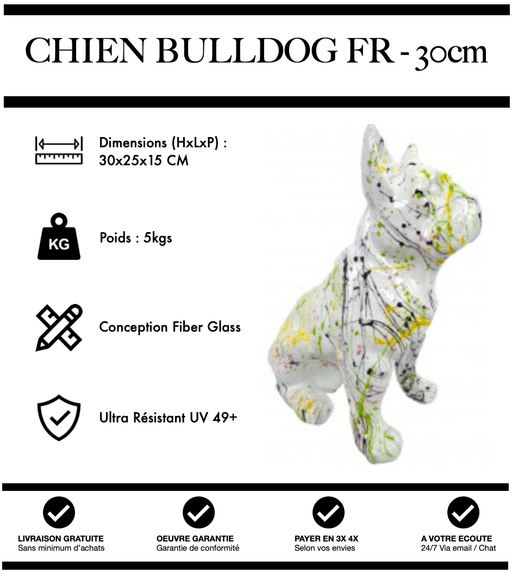 Sculpture Chien Bulldog FR Resine 30cm Statue - Graffiti Blanc - MUZZANO
