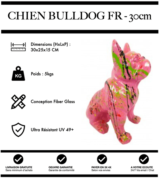 Sculpture Chien Bulldog FR Resine 30cm Statue - Graffiti Rose - MUZZANO