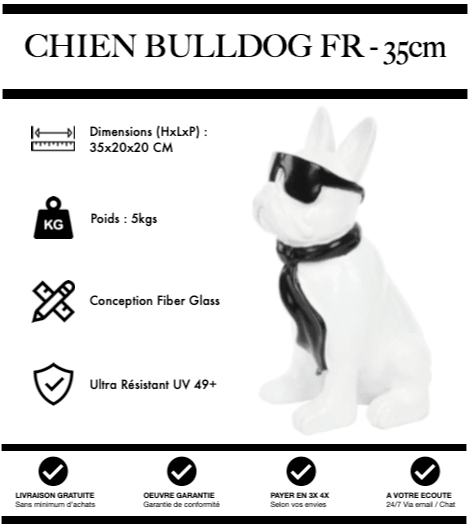 Sculpture Chien Bulldog FR Resine 35cm Statue - Noir & Blanc - MUZZANO