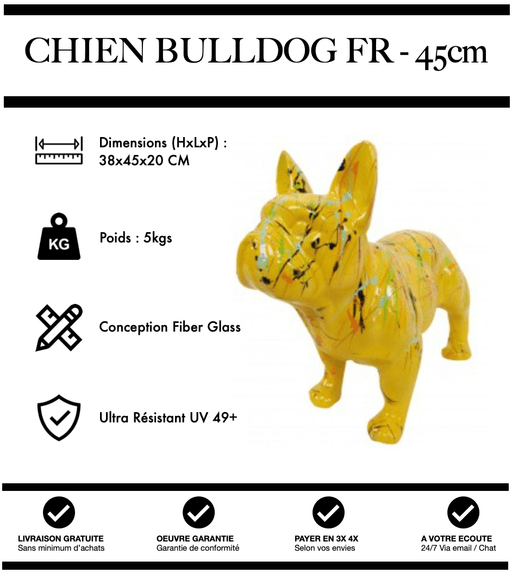 Sculpture Chien Bulldog FR Resine 45cm Statue - Graffiti Jaune - MUZZANO
