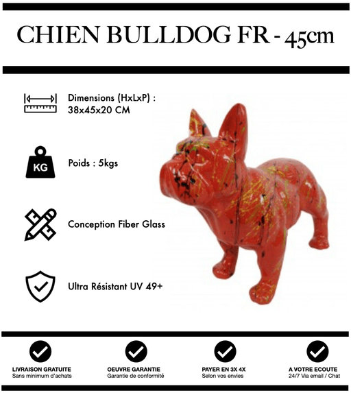 Sculpture Chien Bulldog FR Resine 45cm Statue - Graffiti Orange - MUZZANO
