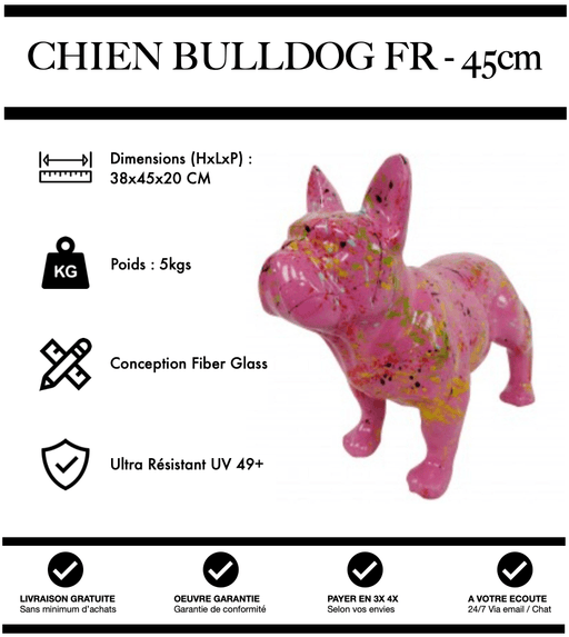 Sculpture Chien Bulldog FR Resine 45cm Statue - Graffiti Rose - MUZZANO