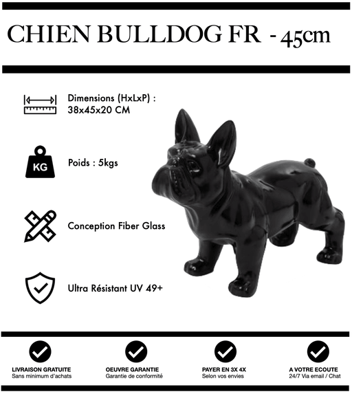 Sculpture Chien Bulldog FR Resine 45cm Statue - NOIR - MUZZANO
