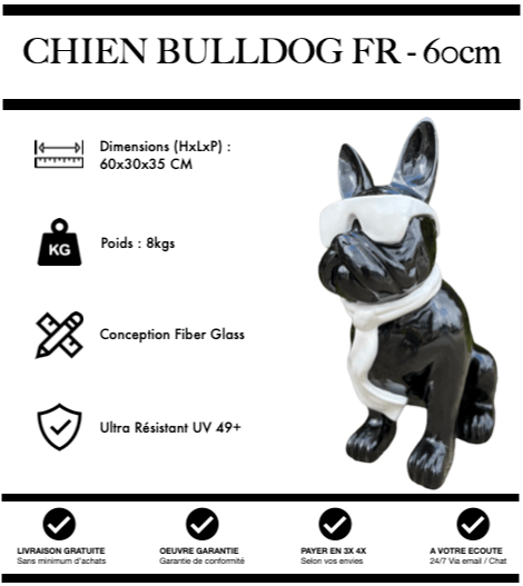 Sculpture Chien Bulldog FR Resine 60cm Statue - Black & White - MUZZANO