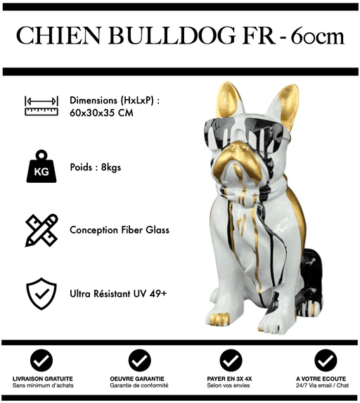 Sculpture Chien Bulldog FR Resine 60cm Statue - Gold Trash - MUZZANO
