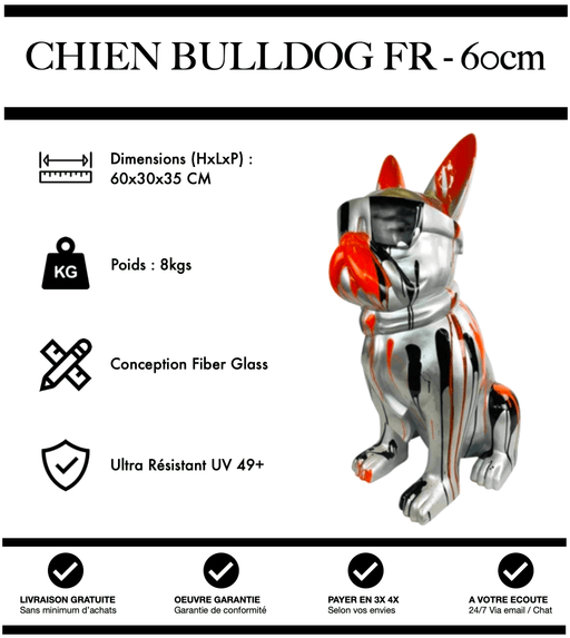 Sculpture Chien Bulldog FR Resine 60cm Statue - Orange Trash - MUZZANO