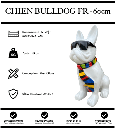 Sculpture Chien Bulldog FR Resine 60cm Statue - Ruban - MUZZANO