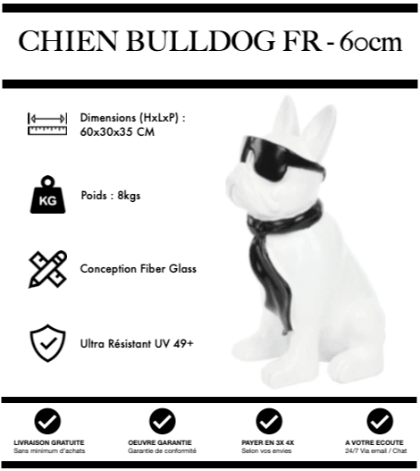 Sculpture Chien Bulldog FR Resine 60cm Statue - White & Black - MUZZANO