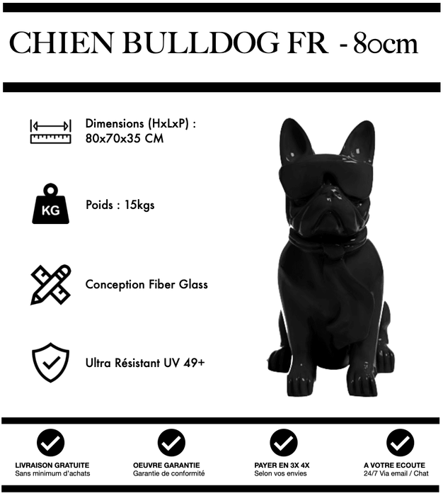 Sculpture Chien Bulldog FR Resine 80cm Statue - NOIR - MUZZANO
