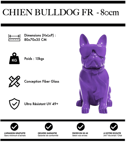 Sculpture Chien Bulldog FR Resine 80cm Statue - VIOLET - MUZZANO
