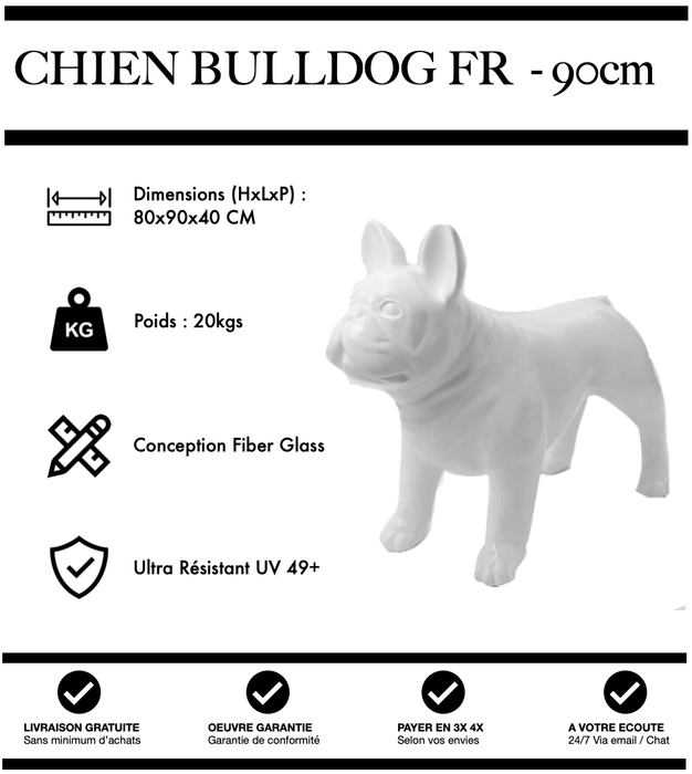 Sculpture Chien Bulldog FR Resine 90cm Statue - BLANC - MUZZANO