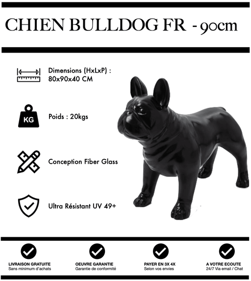 Sculpture Chien Bulldog FR Resine 90cm Statue - NOIR - MUZZANO