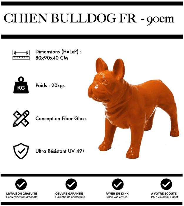 Sculpture Chien Bulldog FR Resine 90cm Statue - ORANGE - MUZZANO