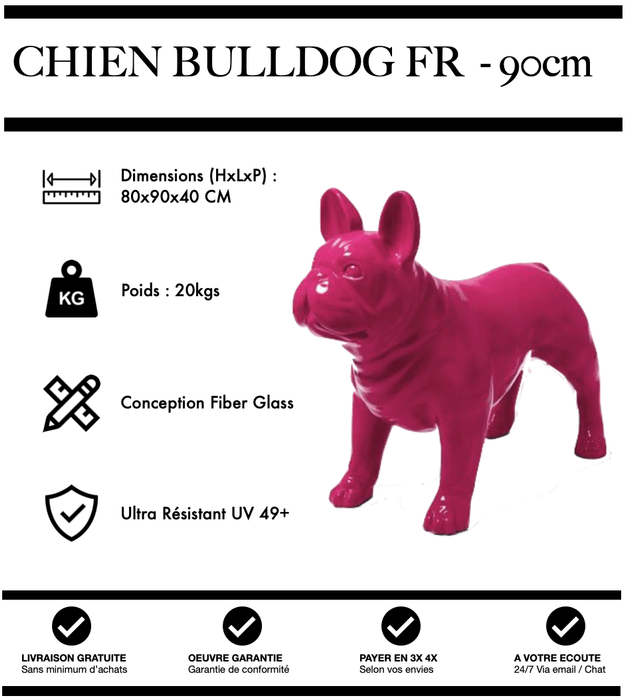 Sculpture Chien Bulldog FR Resine 90cm Statue - ROSE - MUZZANO