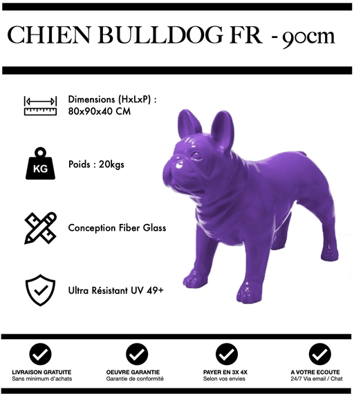 Sculpture Chien Bulldog FR Resine 90cm Statue - VIOLET - MUZZANO