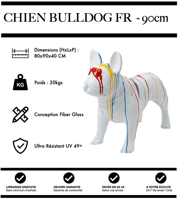 Sculpture Chien Bulldog FR Resine 90cm Statue - White Trash - MUZZANO